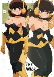 Rule 34 | 1girl, absurdres, avengers (series), bee wings, black pantyhose, blue eyes, blush, boots, breasts, brown hair, choker, cleavage, collarbone, dress, gloves, grin, headset, heart, highres, insect wings, janet van dyne, large breasts, looking at viewer, marvel, pantyhose, short hair, smile, sparkle, speech bubble, spoken animal, spoken bee, spoken heart, standing, strapless, strapless dress, superhero costume, teeth, the avengers: earth&#039;s mightiest heroes!, thick thighs, thighs, tony welt, wasp (marvel), white background, wings, yellow dress, yellow footwear, yellow gloves