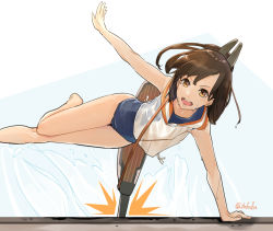 Rule 34 | 1girl, brown eyes, brown hair, full body, fuwafuwatoufu, hair ornament, hairclip, i-401 (kancolle), jumping, kantai collection, machinery, one-piece swimsuit, open mouth, orange sailor collar, ponytail, sailor collar, school swimsuit, shirt, short hair, side-tie shirt, sleeveless, sleeveless shirt, solo, sweat, sweater, swimsuit, swimsuit under clothes, tan, tanline, twitter username