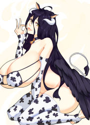 Rule 34 | 1girl, 47 hard, albedo (overlord), animal ears, animal print, ass, bare shoulders, bikini, black hair, black wings, breasts, collarbone, cow print, cow print bikini, cow print sleeves, cow print thighhighs, cowbell, detached sleeves, eyepatch bikini, feathered wings, from side, hair between eyes, highres, horns, huge breasts, kneeling, long hair, looking at viewer, low wings, open mouth, overlord (maruyama), print bikini, print thighhighs, smile, solo, swimsuit, tail, thighhighs, toeless legwear, toes, white thighhighs, wings, yellow background, yellow eyes