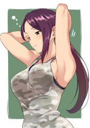 Rule 34 | 1girl, armpits, arms behind head, arms up, bare shoulders, blush, border, breasts, brown hair, camouflage, camouflage shirt, green background, green eyes, idolmaster, idolmaster cinderella girls, large breasts, long hair, ponytail, shirt, simple background, solo, tank top, white border, yamato aki, youhei (testament)