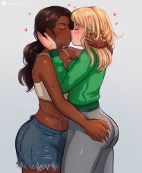 2girls ass blonde_hair blue_shorts blush brown_hair closed_eyes commentary dark-skinned_female dark_skin denim denim_shorts english_commentary french_kiss green_sweater grey_pants hand_on_another&#039;s_ass hands_on_another&#039;s_head heart highres interracial kiss kitsukinsfw multiple_girls open_mouth original pants red_nails shorts sweat sweater tank_top white_tank_top yuri