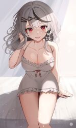 Rule 34 | 1girl, breasts, camisole, cleavage, grey hair, hololive, holox, kinsuke z, large breasts, long hair, looking at viewer, medium hair, open mouth, red eyes, sakamata chloe, sitting, solo, virtual youtuber