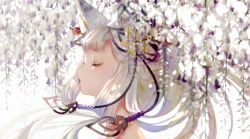 Rule 34 | 1girl, animal ears, beads, blurry, closed eyes, closed mouth, dappled sunlight, depth of field, erune, eyelashes, floating hair, flower, fox ears, from side, granblue fantasy, hair ornament, hair stick, lipstick, long hair, makeup, nido celisius, portrait, profile, ribbon, sidelocks, simple background, societte (granblue fantasy), solo, sunlight, white background, wisteria