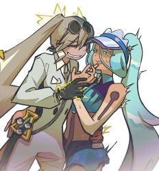 Rule 34 | 2girls, arm around waist, blue hair, brown hair, collared shirt, creatures (company), electric miku (project voltage), eyewear on head, game freak, grin, hatsune miku, highres, holding another&#039;s wrist, jumpsuit, long hair, multiple girls, nagdonggang, nintendo, pokemon, project voltage, selfcest, sharp teeth, shirt, simple background, smile, sunglasses, sweatdrop, tan, teeth, twintails, visor cap, vocaloid, water miku (project voltage), white background, yuri, zipper pull tab