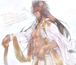 Rule 34 | 1boy, abs, animal ear fluff, animal ears, bishounen, braid, brown hair, clenched teeth, dark-skinned male, dark skin, fang, green eyes, hair between eyes, hand up, harukazu, high collar, highres, jacket, jacket partially removed, leona kingscholar, lion boy, lion ears, lion tail, long hair, long sleeves, looking to the side, male focus, multicolored background, no shirt, open clothes, shawl, simple background, solo, squiggle, standing, tail, tassel, teeth, toned, toned male, twisted wonderland, upper body, very long hair, white background, white jacket, yellow shawl
