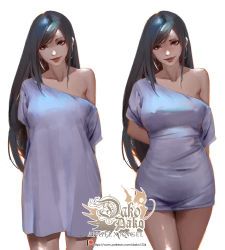 Rule 34 | 1girl, baggy clothes, black hair, blouse, blue shirt, blush, breasts, covered erect nipples, covered navel, earrings, final fantasy, final fantasy vii, highres, hoop earrings, hu dako, jewelry, long hair, meme, multiple views, off-shoulder shirt, off shoulder, pajamas challenge, pulling own clothes, shirt, short sleeves, simple background, taut clothes, taut shirt, tifa lockhart, white background