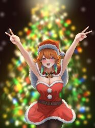 Rule 34 | 1girl, absurdres, armpits, arms up, bare arms, bell, belt, blush, breasts, christmas tree, cleavage, cloak, cowboy shot, double v, dress, earrings, feather earrings, feathers, fur trim, hair between eyes, hat, highres, hololive, hololive english, jewelry, large breasts, looking at viewer, moobong, neck bell, open mouth, orange hair, pantyhose, purple eyes, santa costume, santa hat, short dress, smile, solo, straight-on, strapless, strapless dress, takanashi kiara, v, virtual youtuber