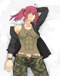 Rule 34 | 1girl, abs, ahoge, artist request, bare shoulders, belt, black jacket, breasts, character request, closed mouth, collarbone, dog tags, eyebrows hidden by hair, green belt, green pants, green shirt, hand on own head, jacket, long sleeves, medium breasts, muscular, muscular female, navel, neck, nose, open fly, original, pants, pink hair, pointy nose, red eyes, shirt, sleeveless, sleeveless shirt, watch, wristwatch