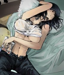 Rule 34 | 00s, 1girl, arm up, bed, blush, breasts, cosaten, closed eyes, large breasts, midriff, navel, school rumble, solo, suou mikoto (school rumble), underboob
