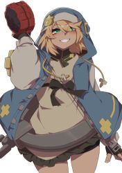 Rule 34 | 1boy, absurdres, androgyne symbol, black bow, black gloves, blue hoodie, blush, bow, bridget (guilty gear), chain, cross, cross print, cuffs, eyelashes, eyes visible through hair, fingerless gloves, fingernails, gloves, green eyes, guilty gear, habit, handcuffs, highres, holding, holding toy, hood, hood up, hoodie, long eyelashes, looking at viewer, male focus, open clothes, open hoodie, oversized zipper, simple background, smile, solo, takoongyi, teeth, toy, trap, white background, yo-yo, zipper, zipper pull tab