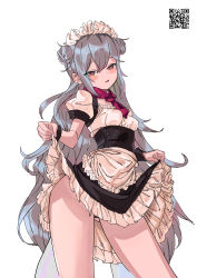 Rule 34 | 1girl, :d, absurdres, alternate costume, bad id, bad pixiv id, blush stickers, borrowed clothes, breasts, brown eyes, clothes lift, de tonation, double bun, dress, dress lift, enmaided, g11 (girls&#039; frontline), girls&#039; frontline, grey hair, hair bun, highres, lifted by self, long hair, looking at viewer, maid, maid headdress, open mouth, simple background, smile, solo, very long hair, white background