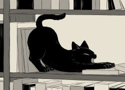 Rule 34 | absurdres, animal, animal focus, avogado6, book, bookshelf, cat, commentary request, closed eyes, flat color, full body, greyscale, highres, monochrome, no humans, open mouth, original, solo, stretching