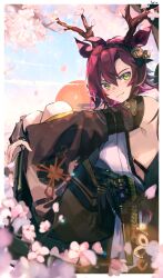 Rule 34 | 1boy, absurdres, aiguillette, antlers, armor, bare shoulders, black sleeves, blue sky, border, cherry, closed mouth, clothing cutout, dark red hair, detached sleeves, falling petals, food, from side, fruit, genshin impact, green eyes, hair between eyes, hakama, hakama shorts, highres, horns, hugging own legs, japanese armor, japanese clothes, knees up, kote, kurokote, long hair, looking at viewer, lyrie luna, male focus, mole, mole under eye, multicolored hair, multiple moles, outside border, petals, red hair, shikanoin heizou, shorts, side cutout, sitting, sky, smirk, solo, streaked hair, white border