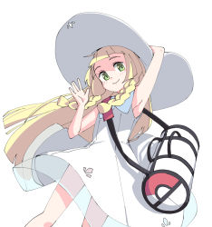 Rule 34 | 1girl, 26th, armpits, bag, bare arms, blonde hair, blunt bangs, blush, braid, closed mouth, collared dress, commentary request, creatures (company), dress, duffel bag, eyelashes, floating hair, game freak, green eyes, hand on headwear, hand up, hat, lillie (pokemon), long hair, looking at viewer, nintendo, pokemon, pokemon sm, see-through, simple background, sleeveless, sleeveless dress, smile, solo, sun hat, twin braids, white background, white bag, white dress, white hat