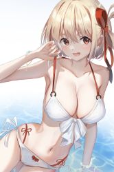 Rule 34 | 1girl, absurdres, armpits, bikini, blonde hair, blush, bob cut, breasts, cleavage, collarbone, front-tie bikini top, front-tie top, hair ribbon, highres, large breasts, looking at viewer, lycoris recoil, navel, nishikigi chisato, o-ring, open mouth, red eyes, red ribbon, ribbon, short hair, side-tie bikini bottom, strap pull, swimsuit, wata0933, water, white hair