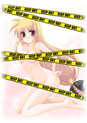 Rule 34 | 1girl, blonde hair, breasts, caution tape, censored, fate testarossa, frapowa, keep out, kneeling, long hair, low-tied long hair, lyrical nanoha, mahou shoujo lyrical nanoha, mahou shoujo lyrical nanoha a&#039;s, nude, red eyes, solo, tears, very long hair