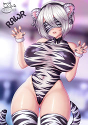 Rule 34 | 1girl, alternate costume, animal ears, blindfold, breasts, breasts apart, covered erect nipples, cowboy shot, ear piercing, fang, gao, gluteal fold, highres, large breasts, mole, mole under mouth, nier:automata, nier (series), open mouth, patreon username, paw pose, piercing, print blindfold, print leotard, print thighhighs, sevie, signature, solo, tail, thighhighs, tiger ears, tiger tail, transparent leotard, white tiger print, 2b (nier:automata)