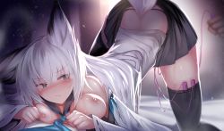 Rule 34 | 1girl, 1other, animal ear fluff, animal ears, azur lane, black panties, black sailor collar, black skirt, blue eyes, blue neckwear, blue ribbon, blush, breasts, commentary request, detached sleeves, eyes visible through hair, fox ears, fox girl, fox tail, frown, highres, jack-o&#039; challenge, kawakaze (azur lane), medium breasts, necktie, nipples, nontraditional miko, out of frame, panties, ribbon, ribbon-trimmed clothes, ribbon-trimmed sleeves, ribbon trim, sailor collar, semi3 3, sex toy, silver hair, skirt, sweat, tail, thighhighs, top-down bottom-up, underwear, vibrator, vibrator in thighhighs, zettai ryouiki