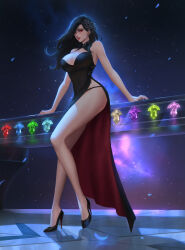 Rule 34 | absurdres, black dress, black hair, breasts, chaosringen, cleavage, cleavage cutout, clothing cutout, commission, dress, final fantasy, final fantasy xiv, hair ornament, high heels, highres, hyur, large breasts, long hair, night, night sky, parted lips, red eyes, red lips, side slit, sky, thighs, two-sided dress, two-sided fabric, warrior of light (ff14)