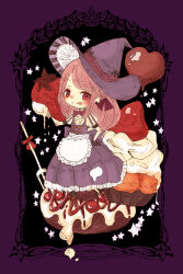 Rule 34 | 1girl, apron, black gloves, border, cerika, closed mouth, cupcake, doughnut, dress, food, fork, fruit, full body, gloves, hat, highres, licking lips, original, pink hair, puffy short sleeves, puffy sleeves, purple border, purple dress, red eyes, short sleeves, solo, split mouth, star (symbol), strawberry, tongue, tongue out, white apron, witch hat