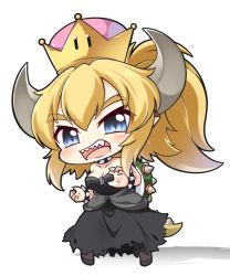 Rule 34 | 1girl, :d, black dress, black footwear, blonde hair, blue eyes, blush, bowsette, bracelet, breasts, brown pantyhose, chibi, cleavage, collar, commentary request, crown, dress, full body, hair between eyes, head tilt, horns, jewelry, long hair, mario (series), medium breasts, mini crown, new super mario bros. u deluxe, nintendo, open mouth, pantyhose, pointy ears, ponytail, shachoo., shadow, sharp teeth, smile, solo, spiked bracelet, spiked collar, spiked shell, spiked tail, spikes, standing, strapless, strapless dress, super crown, tail, teeth, torn clothes, torn dress, turtle shell, white background