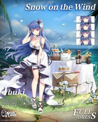 Rule 34 | 1girl, armlet, azur lane, blue eyes, blue gemstone, blue hair, blush, breasts, cake, character name, choker, commentary, copyright name, dress, english commentary, english text, expressions, feather hair ornament, feathers, floating hair, food, full body, gem, gold, hair ornament, tucking hair, heterochromia, high heels, highres, horns, ibuki (azur lane), ibuki (snow on the wind) (azur lane), lace, lace choker, large breasts, leaning forward, long hair, looking at viewer, maya g, official alternate costume, official art, red eyes, sideboob, sidelocks, solo, strapless, strapless dress, table, watermark, white dress, wind, wrist wrap