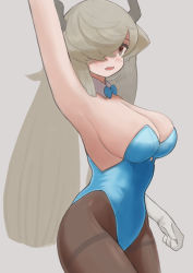 Rule 34 | 1girl, absurdres, arm at side, arm up, armpits, black horns, blue leotard, blush, bow, bowtie, breasts, brown pantyhose, cleavage, commentary request, cowboy shot, detached collar, from side, grey eyes, grey hair, hair over one eye, highleg, highleg leotard, highres, horns, kemono friends, large breasts, leotard, long hair, looking at viewer, open mouth, pantyhose, playboy bunny, solo, strapless, strapless leotard, twintails, very long hair, yak (kemono friends), zuchi00