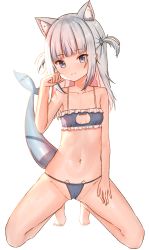 Rule 34 | 1girl, absurdres, animal ear fluff, animal ears, barefoot, blue bra, blue eyes, blue hair, blue panties, blunt bangs, blush, bra, breasts, cat cutout, cat ears, cat lingerie, cleavage cutout, clothing cutout, collarbone, fins, fish tail, frilled bra, frills, gawr gura, hair ornament, hand on own thigh, highres, hololive, hololive english, kneeling, looking at viewer, medium hair, meme attire, multicolored hair, navel, panties, paw pose, ray peng, shark girl, shark hair ornament, shark tail, sidelocks, silver hair, simple background, small breasts, solo, stomach, streaked hair, tail, two side up, underwear, underwear only, virtual youtuber, white background