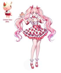 Rule 34 | 1girl, curly hair, dress, finger to face, food print, frills, hands up, highres, mandaring0, multicolored hair, open mouth, original, pink hair, purple eyes, reference inset, shoes, simple background, socks, solo, standing, strawberry print, twintails, white background