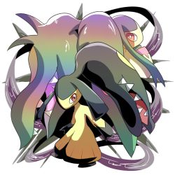 Rule 34 | black hair, creatures (company), extra mouth, from behind, full body, game freak, gen 3 pokemon, hand up, kanikou7, looking at viewer, looking back, mawile, mega mawile, mega pokemon, nintendo, no humans, pokemon, pokemon (creature), pokemon rse, red eyes, sharp teeth, simple background, standing, teeth, white background