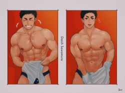 Rule 34 | 1boy, absurdres, bara, blue male underwear, blush, briefs, bulge, contrapposto, feet out of frame, grin, highres, holding, holding clothes, holding shirt, large pectorals, laughing, looking at viewer, louis tjxx, male focus, male underwear, muscular, muscular male, notice lines, open mouth, original, pectorals, sequential, shiny skin, shirt, unworn shirt, short hair, sideburns, smile, standing, thick eyebrows, underwear, undressing