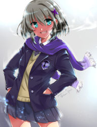 Rule 34 | 1girl, aqua eyes, black hair, black jacket, black necktie, blazer, blue skirt, bob cut, breath, commentary request, cowboy shot, dated, lord dearche, dress shirt, emblem, fang, fringe trim, grey background, grin, hair ornament, hands in pockets, highres, jacket, looking at viewer, lyrical nanoha, mahou shoujo lyrical nanoha innocent, miniskirt, multicolored hair, necktie, open clothes, open jacket, partial commentary, pleated skirt, private ten&#039;ou middle school uniform, purple scarf, san-pon, scarf, school uniform, shirt, short hair, silver hair, skirt, smile, solo, standing, sweater, twitter username, two-tone hair, v-neck, white shirt, wing collar, winter uniform, x hair ornament, yellow sweater