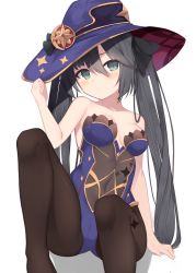 Rule 34 | 1girl, absurdres, bare shoulders, black hair, black pantyhose, breasts, covered navel, genshin impact, green eyes, hand on headwear, hat, highres, leotard, long hair, looking at viewer, medium breasts, memekko, mona (genshin impact), pantyhose, purple hat, purple leotard, sitting, solo, twintails, white background, witch hat