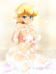 Rule 34 | 1girl, :p, alternate hairstyle, arm support, barefoot, bath, bathing, bathtub, blonde hair, blue eyes, blush, breasts, bubble, bubble bath, closed mouth, collarbone, convenient censoring, eyebrows, foam, from side, groin, hair tie, hair up, hand on own chest, high ponytail, indoors, konpeto, large breasts, long hair, looking at viewer, mario (series), medium breasts, naughty face, navel, nintendo, no headwear, nude, ponytail, princess peach, sidelocks, sitting, smile, soaking feet, soap bubbles, soap censor, solo, steam, stomach, thighs, tongue, tongue out, water, water drop, wavy hair, wet