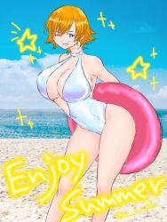 Rule 34 | 1girl, action taimanin, alternate costume, arms behind back, artist request, bare legs, bare shoulders, beach, black leotard, blonde hair, blue sky, breasts, cleavage, covered navel, curvy, english text, highleg, highleg swimsuit, igawa sakura, large breasts, leotard, looking at viewer, official alternate costume, one-piece swimsuit, shiny clothes, shiny skin, short hair, sky, solo, standing, summer, swimsuit, taimanin (series), taimanin asagi, twitter username, white one-piece swimsuit