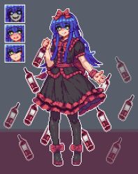 Rule 34 | + +, 1girl, :3, :q, \||/, alternate sleeve length, arm up, black dress, black souls, black thighhighs, blue eyes, blue hair, blunt bangs, blush, bottle, bow, bright pupils, center frills, closed mouth, collar, collared dress, dress, expression chart, eyes visible through hair, footwear bow, frilled collar, frilled dress, frilled sleeves, frills, full body, hair bow, highres, holding, holding bottle, long hair, mabel (black souls), pixel art, puffy short sleeves, puffy sleeves, red bow, short sleeves, sidelocks, smile, standing, thighhighs, tongue, tongue out, wine bottle, yellow pupils, yog-sothoth, youmo de chihuo