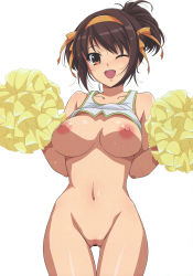 Rule 34 | 1girl, ;d, absurdres, alternate costume, bar censor, bare arms, bare shoulders, blush, bottomless, breasts, breasts out, brown eyes, brown hair, censored, cheerleader, collarbone, cowboy shot, crop top, eyebrows, hairband, haruhisky, highres, holding, looking at viewer, medium breasts, navel, nipples, one eye closed, open mouth, pom pom (cheerleading), pussy, round teeth, scan, scan artifacts, short hair, simple background, sleeveless, smile, solo, standing, stomach, suzumiya haruhi, suzumiya haruhi no yuuutsu, sweatdrop, teeth, thigh gap, white background