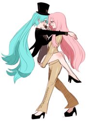 Rule 34 | 2girls, arm on another&#039;s shoulder, blue hair, blush, carrying, carrying person, dashingicecream, formal, hands on ass, hat, hatsune miku, high heels, jacket, long hair, looking at another, megurine luka, multiple girls, music, pants, pink hair, singing, suit, top hat, twintails, vocaloid, yuri