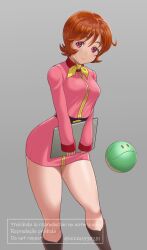 Rule 34 | 1girl, ascot, belt, boots, breasts, brown eyes, brown hair, closed mouth, dress, fraw bow, freckles, gundam, haro, highres, kkzk61539201, looking at viewer, medium breasts, military uniform, mobile suit gundam, purple eyes, robot, short hair, simple background, skirt, smile, solo, uniform