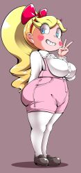 Rule 34 | 1girl, arm behind back, ass, black footwear, blonde hair, blue eyes, breasts, cocco (cocco1192), disney, ears, female focus, full body, grin, hair ribbon, heart, highres, horns, large breasts, legs, looking at viewer, overalls, pink overalls, ponytail, ribbon, shadow, shirt, smile, solo, standing, star butterfly, star vs the forces of evil, thick thighs, thighhighs, thighs, v, white shirt, white thighhighs