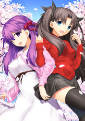 Rule 34 | 2girls, a-senmei, ahoge, black bow, black legwear, black skirt, blue eyes, blue sky, bow, breasts, brown hair, cherry blossoms, collarbone, cowboy shot, dress, fate/stay night, fate (series), fingernails, hair ribbon, highres, large breasts, locked arms, long hair, looking at viewer, matou sakura, medium breasts, miniskirt, multiple girls, official alternate costume, open mouth, petals, pink sweater, pleated skirt, purple eyes, purple hair, red bow, ribbon, shadow, siblings, sisters, skirt, sky, smile, sweater, taut clothes, teeth, thighhighs, thighs, tohsaka rin, tree, two side up, upper teeth only, very long hair, white dress, zettai ryouiki