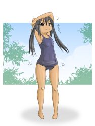 Rule 34 | 1girl, arms up, barefoot, black hair, black one-piece swimsuit, black school swimsuit, breasts, brown eyes, cloud, k-on!, long hair, marinba, nakano azusa, one-piece swimsuit, school swimsuit, sky, small breasts, standing, stretching, swimsuit, tan, thighhighs, white background