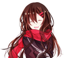 Rule 34 | 1girl, closed eyes, enpera, flywinga7, hair ornament, hairclip, kagerou project, long hair, red scarf, scarf, school uniform, simple background, smile, solo, tateyama ayano, white background