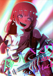 Rule 34 | 1girl, bass guitar, black bow, blunt bangs, bocchi the rock!, bow, braid, dress, green dress, highres, hiroi kikuri, instrument, jacket, long hair, multicolored clothes, multicolored jacket, open mouth, playing guitar, purple eyes, red hair, sharp teeth, single braid, smile, solo, sweat, teeth, two-tone jacket, user hvzy4342