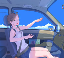 Rule 34 | 1girl, bottle, car, car interior, cloud, day, face, flash tomo, motor vehicle, original, right-hand drive, scenery, shorts, solo, vehicle, water bottle