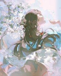 Rule 34 | 1girl, absurdres, black hair, blue eyes, blue shirt, branch, chinese hairpin, floating hair, flower, from behind, gjygyao, grey background, hair ornament, half-closed eyes, hand up, highres, holding, holding scroll, jiu niangzi, long hair, looking up, mouth hold, red skirt, reverse:1999, scroll, shirt, skirt, solo, statuette, tassel, tassel hair ornament, turning head, upper body, white flower