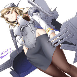 Rule 34 | 1girl, anti-aircraft, anti-aircraft gun, black pantyhose, black skirt, blonde hair, breasts, brown eyes, cannon, dated, detached collar, detached sleeves, dutch angle, eyebrows, hat, headgear, houston (kancolle), kantai collection, machinery, medium breasts, medium hair, moke ro, pantyhose, peaked cap, pencil skirt, rigging, shin guards, shirt, simple background, skirt, smile, smokestack, solo, standing, turret, twitter username, white background, white shirt