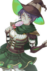 Rule 34 | alisame, animification, apex legends, blue eyes, brown gloves, brown headwear, candy, chain, emerald enchantress wraith, fingerless gloves, food, gloves, green scarf, hair behind ear, hair between eyes, hat, highres, holding, holding candy, holding food, holding lollipop, lollipop, nose piercing, open clothes, piercing, purple hair, scarf, signature, white background, white legwear, witch, witch hat, wraith (apex legends)