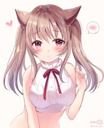Rule 34 | 1girl, animal ears, bare arms, bare shoulders, blush, breasts, brown background, brown hair, cat ears, closed mouth, commentary request, crop top, dated, hair between eyes, heart, long hair, looking at viewer, medium breasts, original, red eyes, sakura hiyori, shirt, simple background, sleeveless, sleeveless shirt, solo, spoken blush, twintails, twitter username, upper body, white shirt