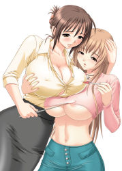Rule 34 | 2girls, blue jeans, blush, breasts, brown eyes, brown hair, choker, cleavage, collarbone, curvy, denim, erect nipples, erect nipples under clothes, female focus, formal, fusano fumie, fusano tomoka, gradient, gradient background, hand on another&#039;s head, huge breasts, jeans, jewelry, long hair, looking at another, matching hair/eyes, milk junkies, milk junkies 2, mole, mole on breast, multiple girls, nail polish, navel, necklace, nipple poke, nipples, no bra, open clothes, pants, parted lips, pen, pink shirt, pointer, shirt, short hair, siblings, simple background, sisters, smile, star (symbol), star choker, star necklace, tatsunami youtoku, teacher, underboob, white background, yellow shirt
